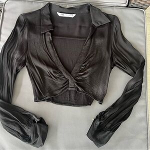 Zara Black Satin Long-Sleeve Twist Front Crop Top